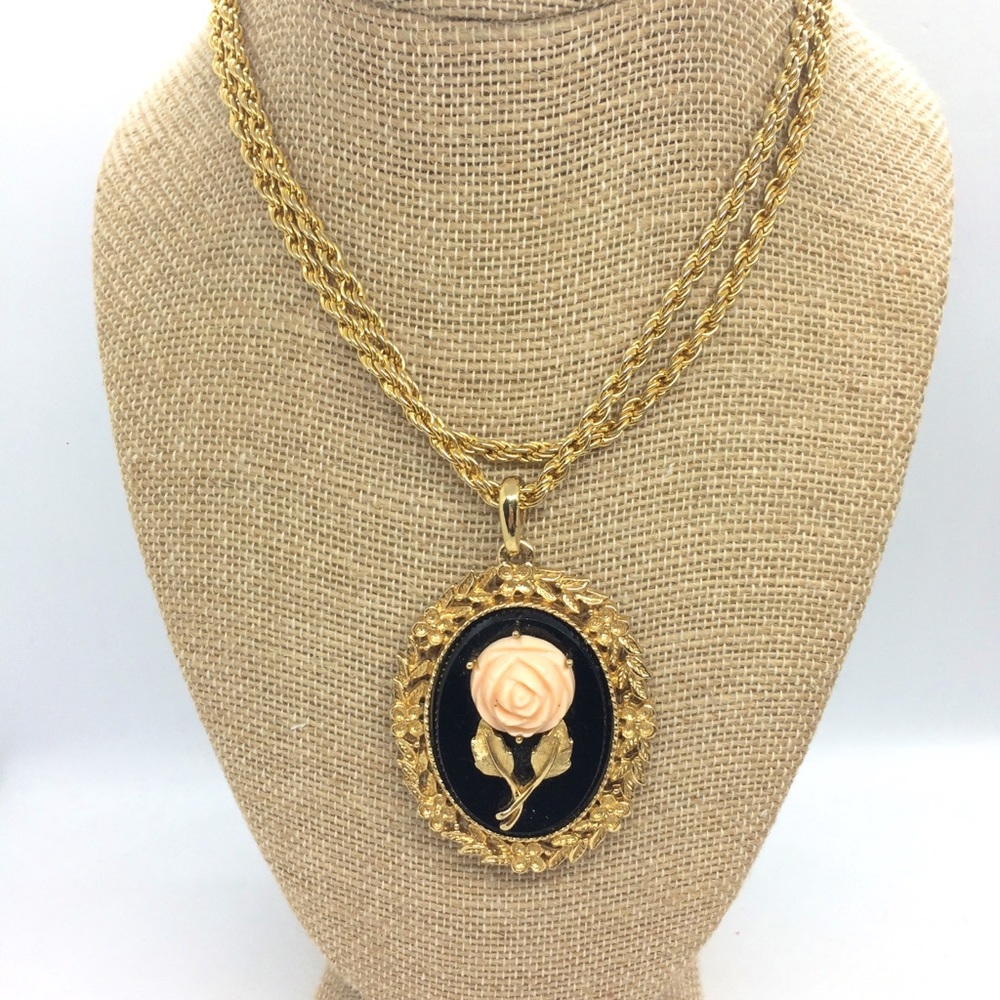 Vintage Gold and Black Necklace with Rose Pendant